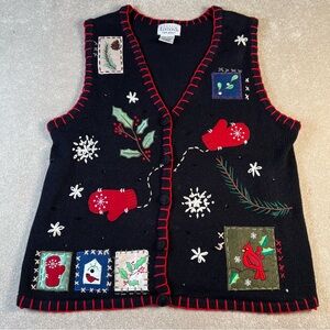 Basic Editions Holiday Sweater Vest Embroidered Sequin Winter Knit women's Large